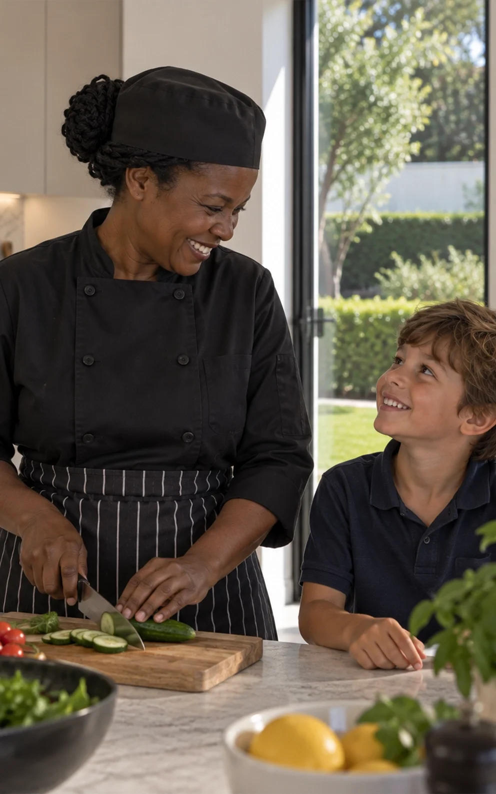Chef and young boy making food in the kitchen