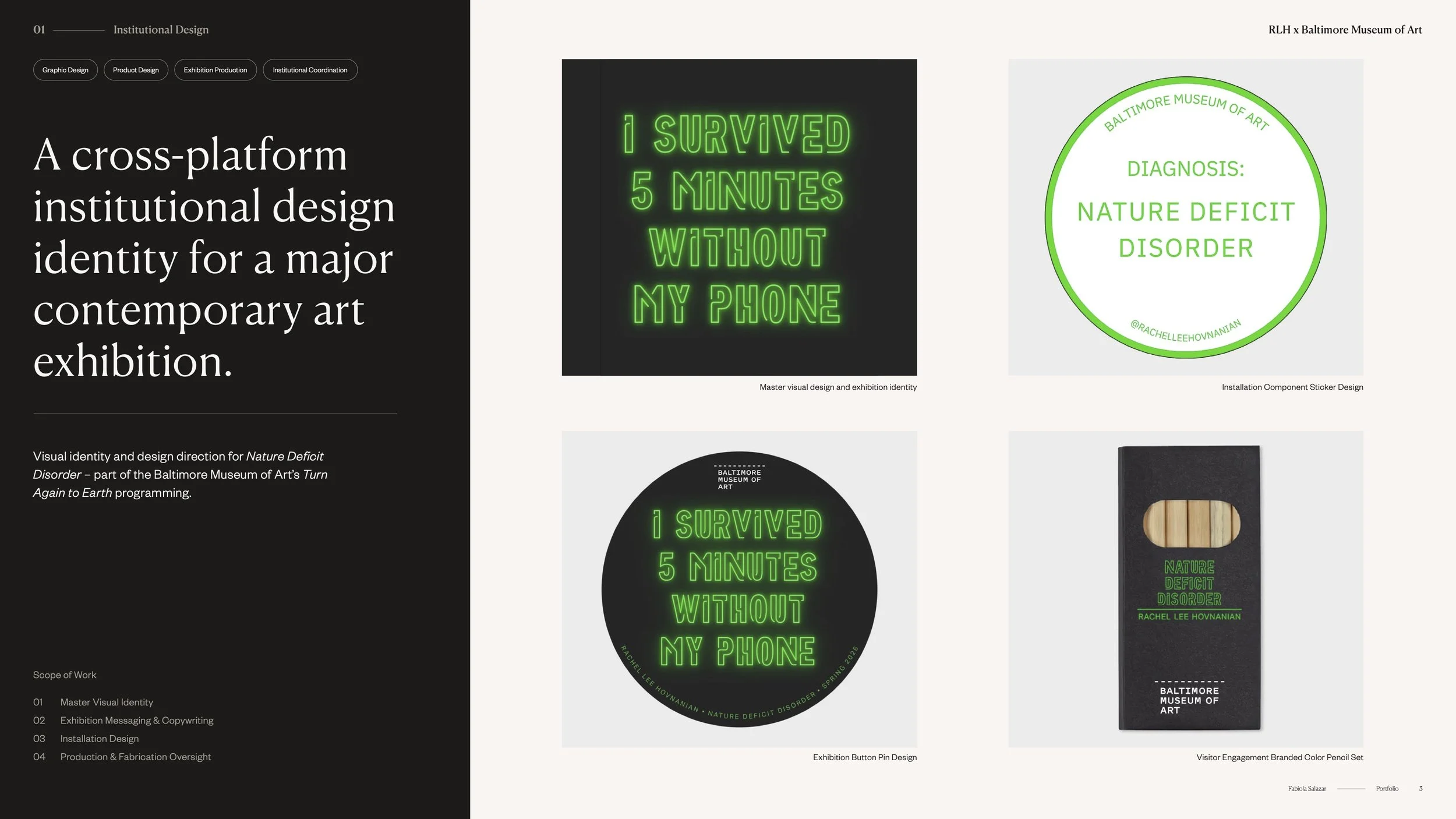 Institutional exhibition identity featuring bold neon-green graphics and digital-wellness messaging.