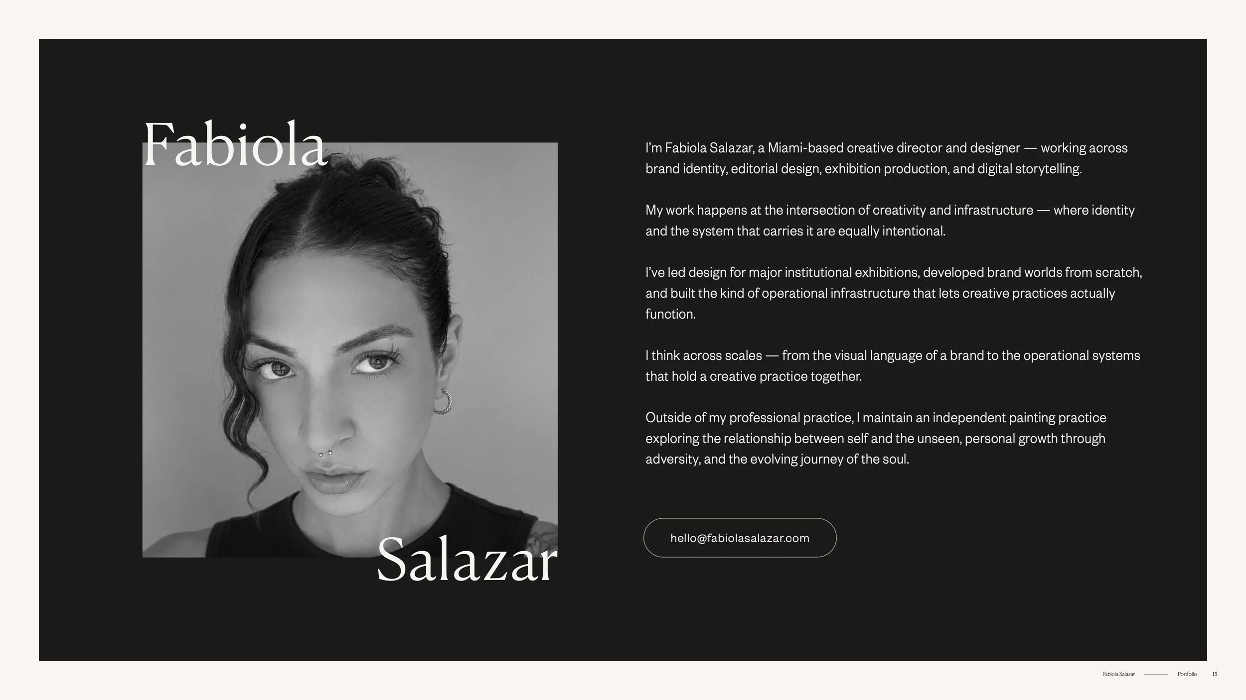 About page from Fabiola Salazar’s creative direction and design portfolio.