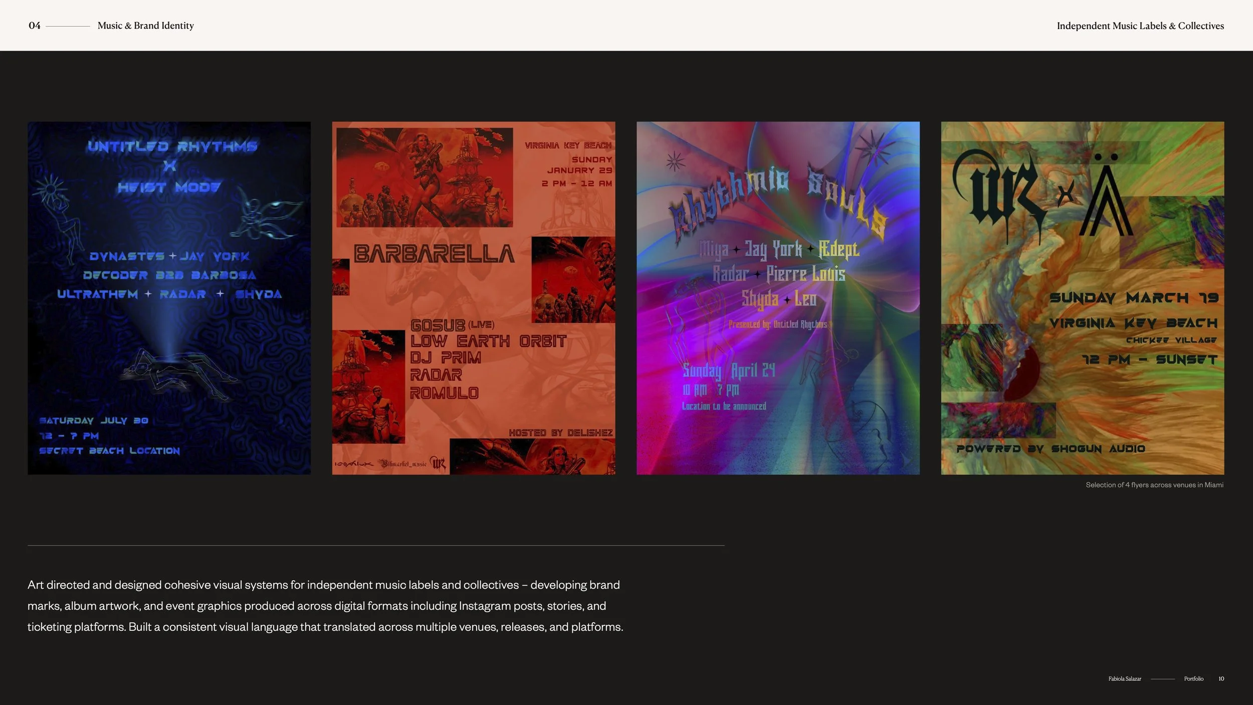Event flyer designs for independent music performances in Miami.