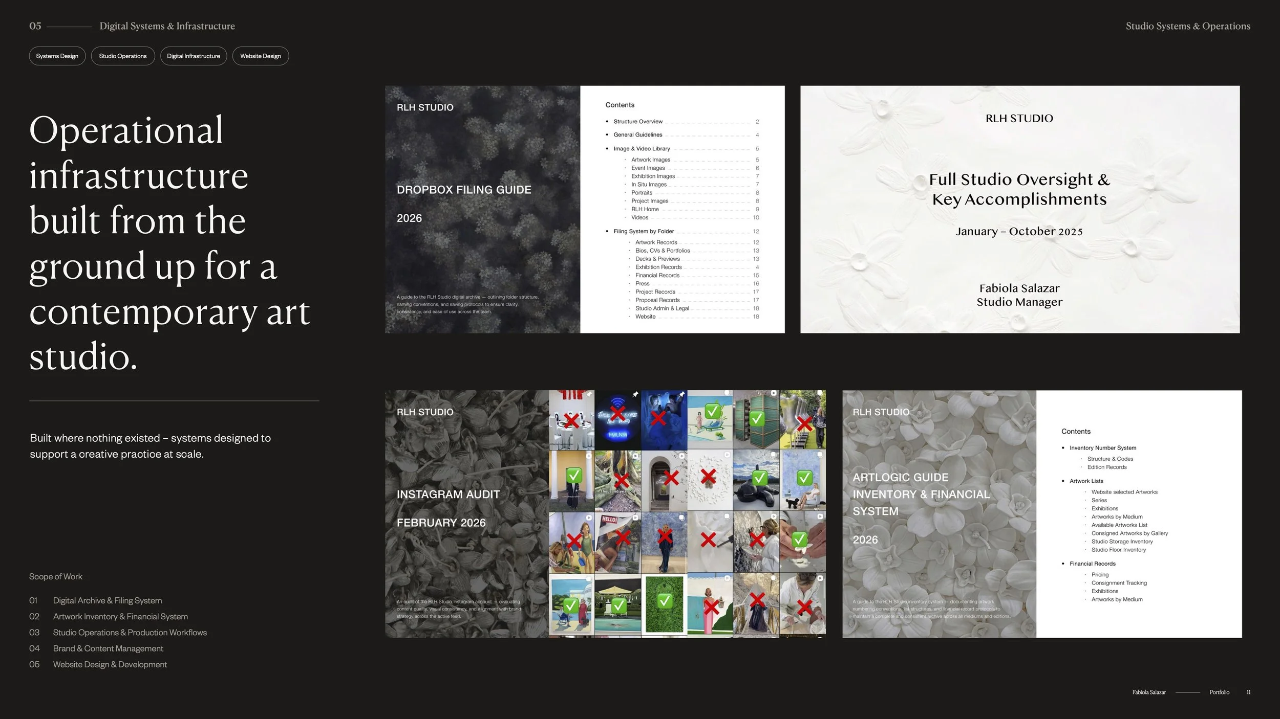 Studio operations and digital infrastructure materials, including filing, inventory, and workflow systems.