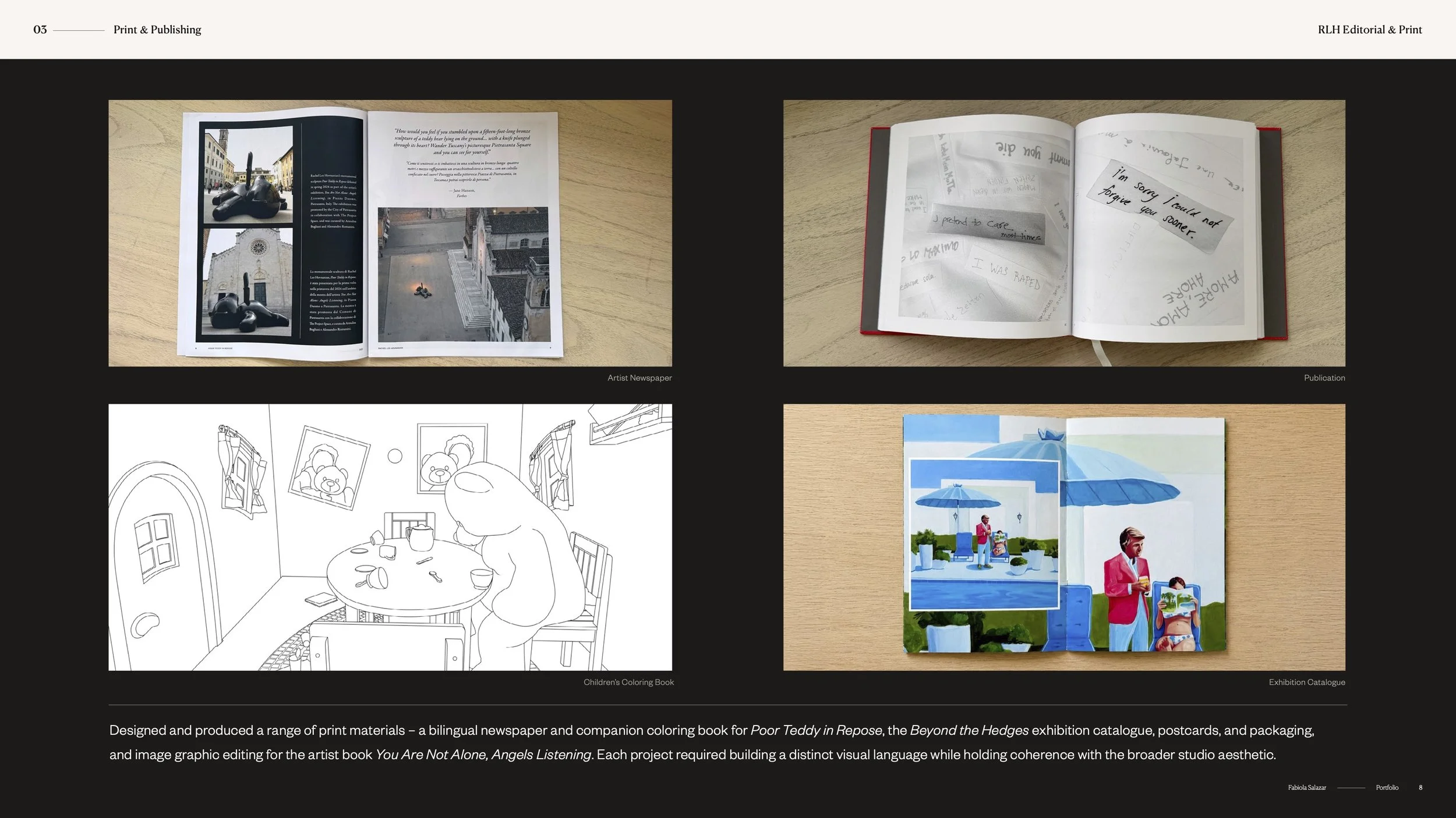 Editorial layouts and publication designs for contemporary art books and exhibition catalogs.