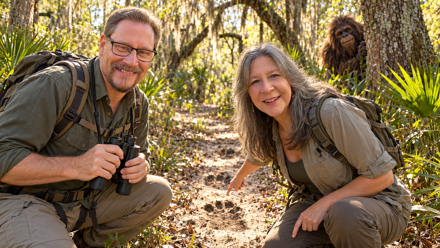 Illustration of Don and Mandy, founders of Skunk Ape Visibility, searching the woods while a Skunk Ape hides behind a tree.