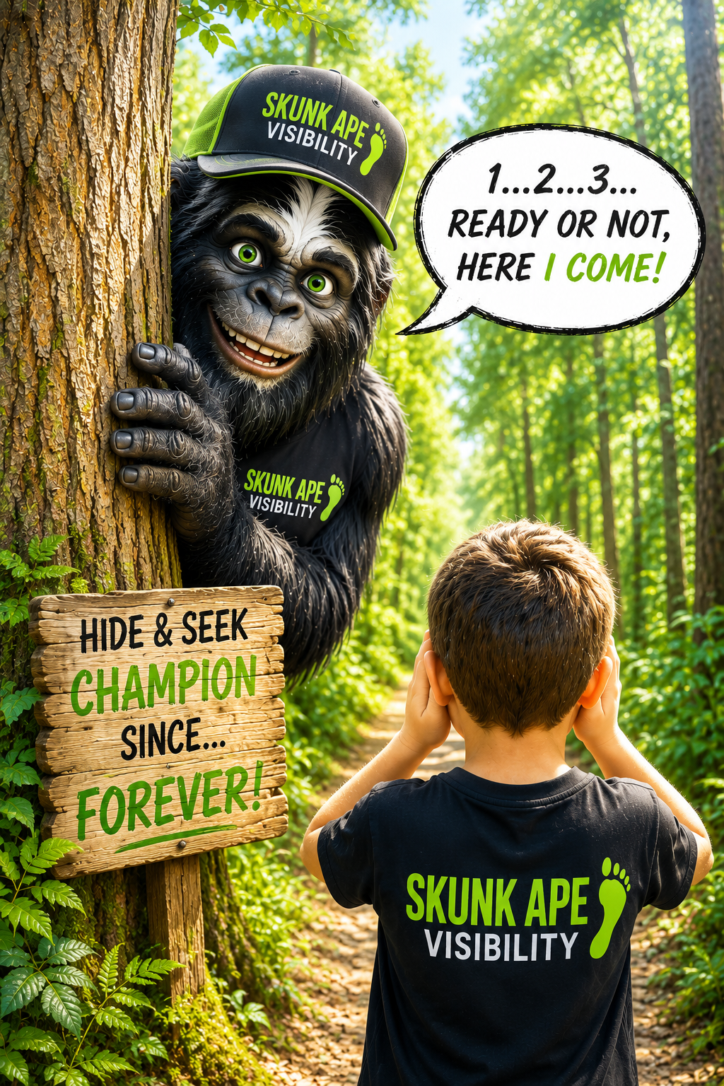 Illustration of a Skunk Ape hiding behind a tree while a boy searches with binoculars, representing businesses waiting to be found online.