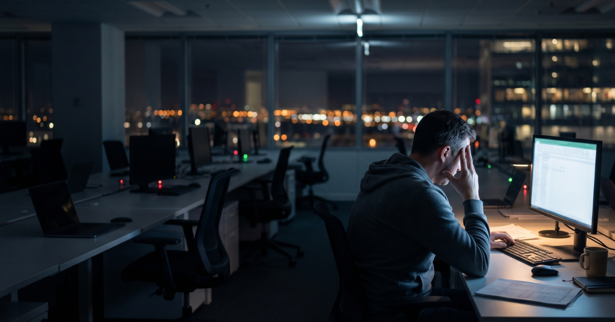 A founder alone at a desk late at night, head in hands — the bottleneck closing in