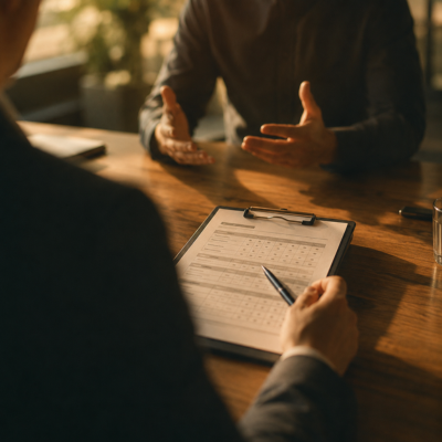 A hiring manager taking notes during a structured candidate interview