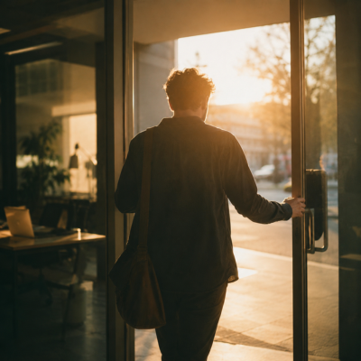 A founder leaving the office into evening light after winning back time from daily operations