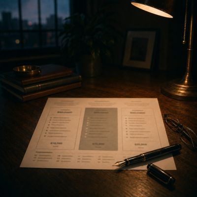 A pricing and packaging sheet on a desk under lamplight