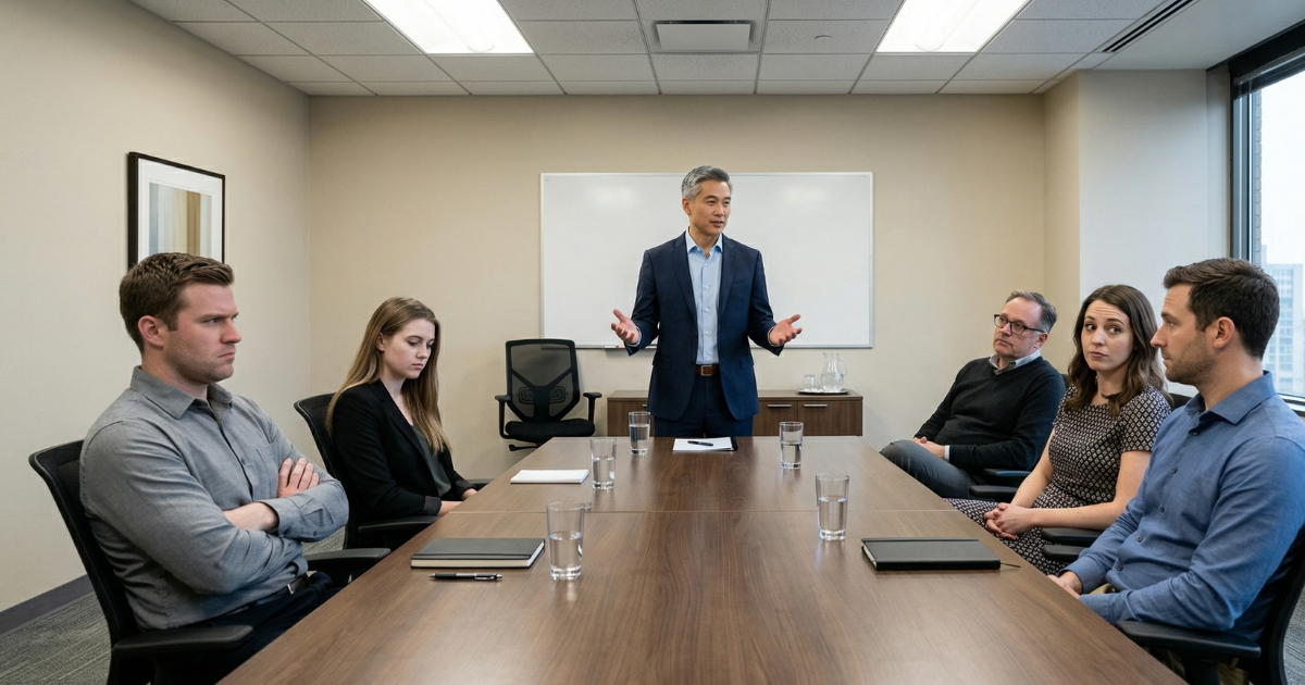 A leader presenting to a team seated around a conference table