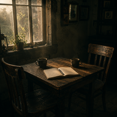 A table set for two with a notebook and coffee — the advisory operating counterpart
