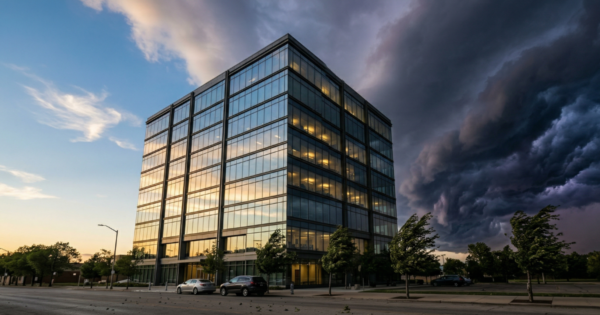 A glass office tower under gathering storm clouds at dusk