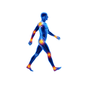 Illustration of a human figure walking with highlighted joints indicating areas of pain or inflammation.