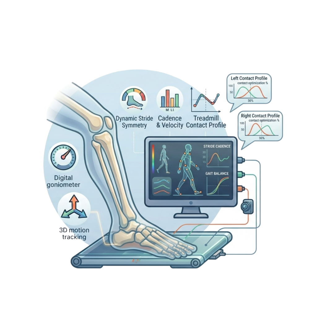 A digital analysis system measuring human gait, stride, and contact profiles using a skeleton with a computer monitor, graphs, and sensors.