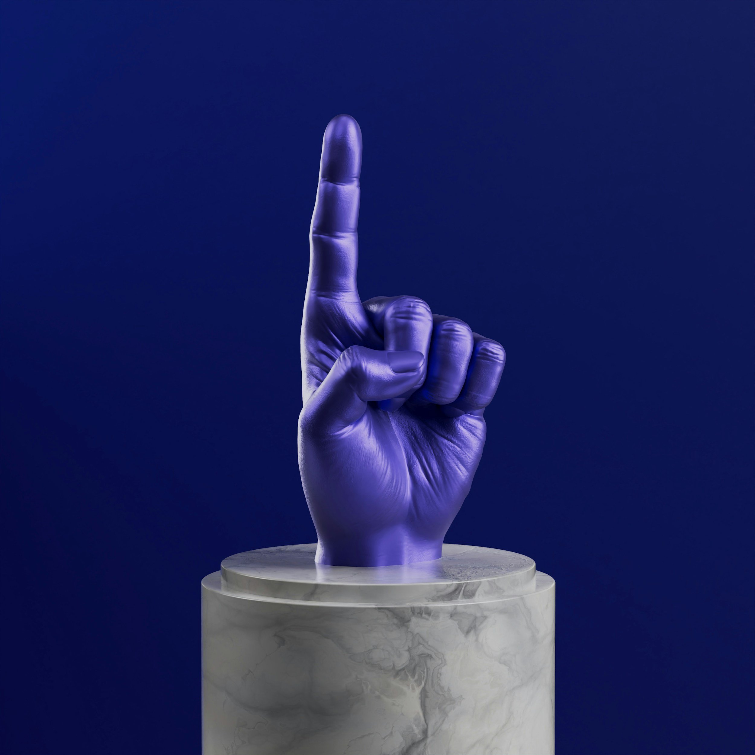 A white mannequin hand with a purple glow effect pointing upward, placed on a round marble pedestal against a dark blue background.