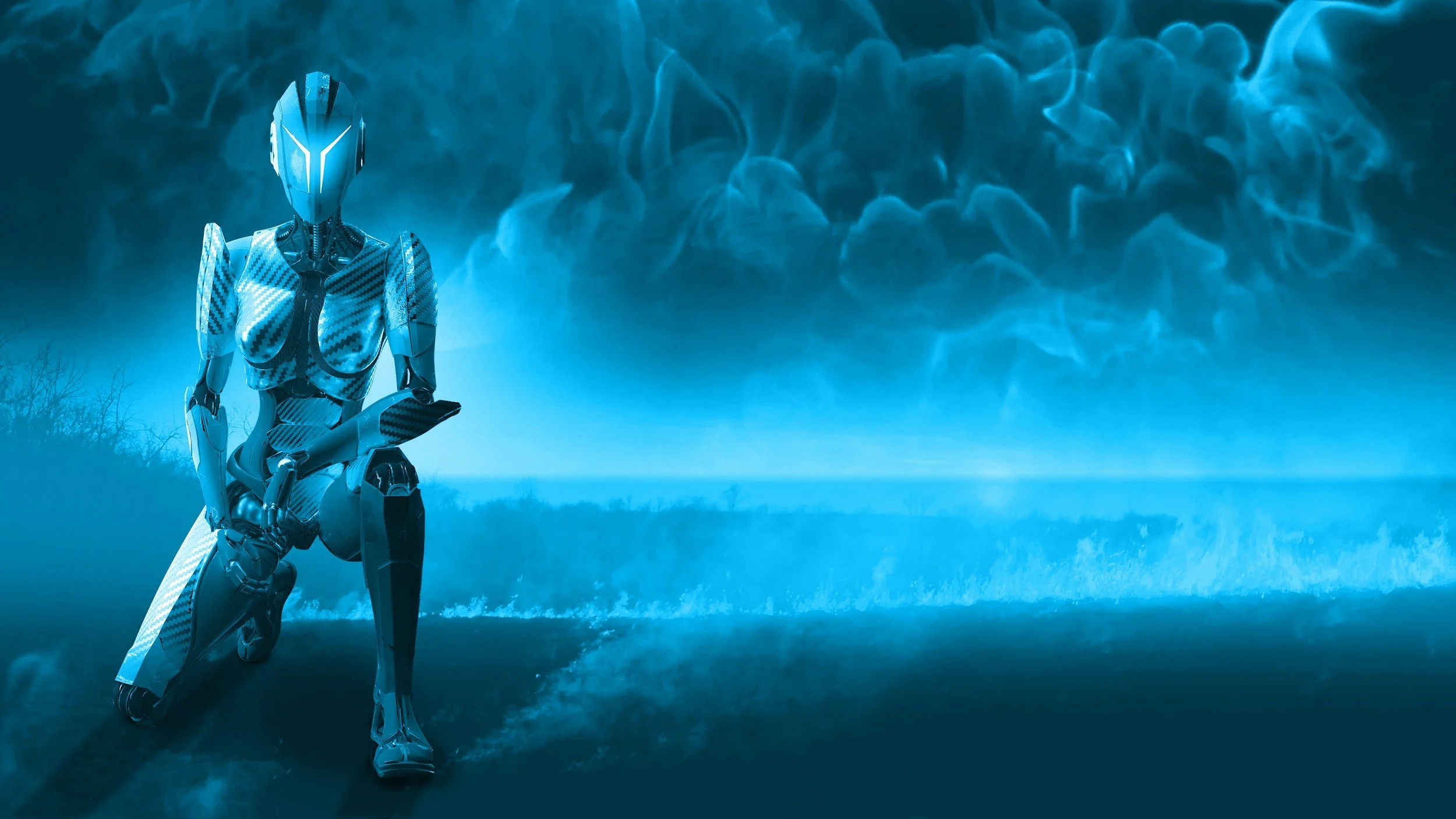A humanoid robot with a sleek, futuristic design standing outdoors during a storm, with dark clouds and lightning in the background.