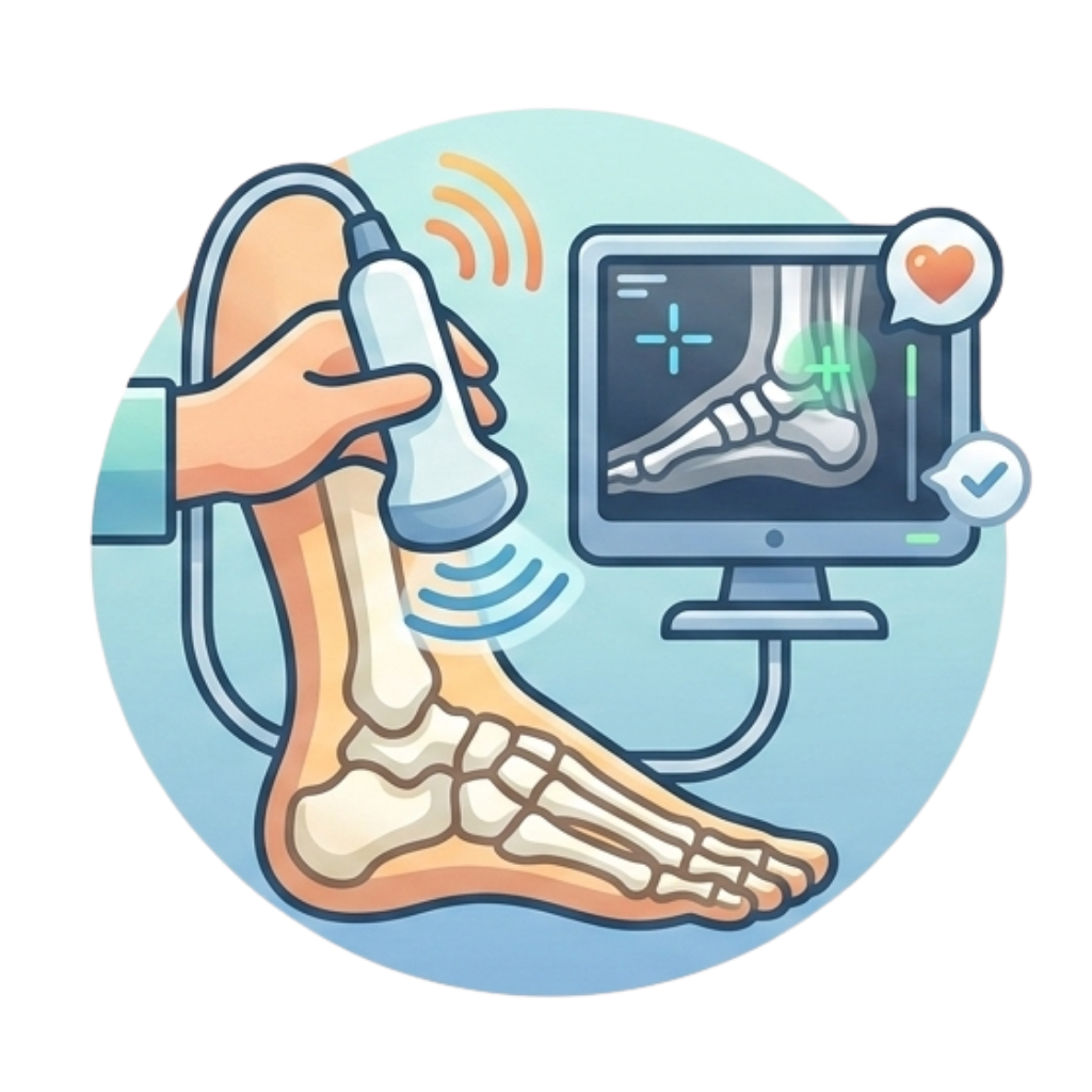 Illustration of a medical technician performing ultrasound imaging on a patient's foot, with a monitor displaying the foot's x-ray image and indicators of health.