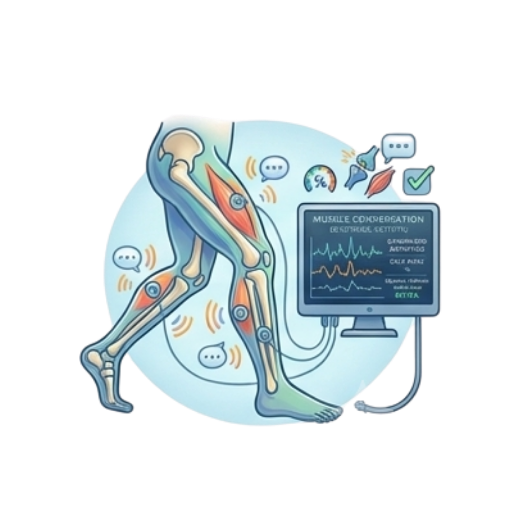 Illustration of a human leg with muscles and bones highlighted, connected to a computer monitor showing muscle contraction data, representing neurological and muscular coordination testing.