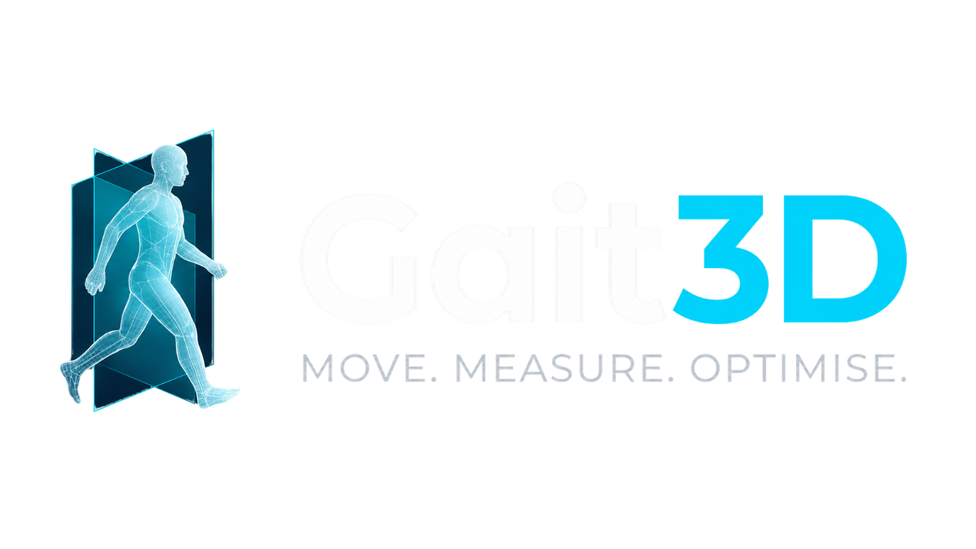 A digital graphic of a walking human figure in a wireframe style emerging from a cube, with the text 'Gait 3D' and 'More, Measure, Optimize' in modern font.