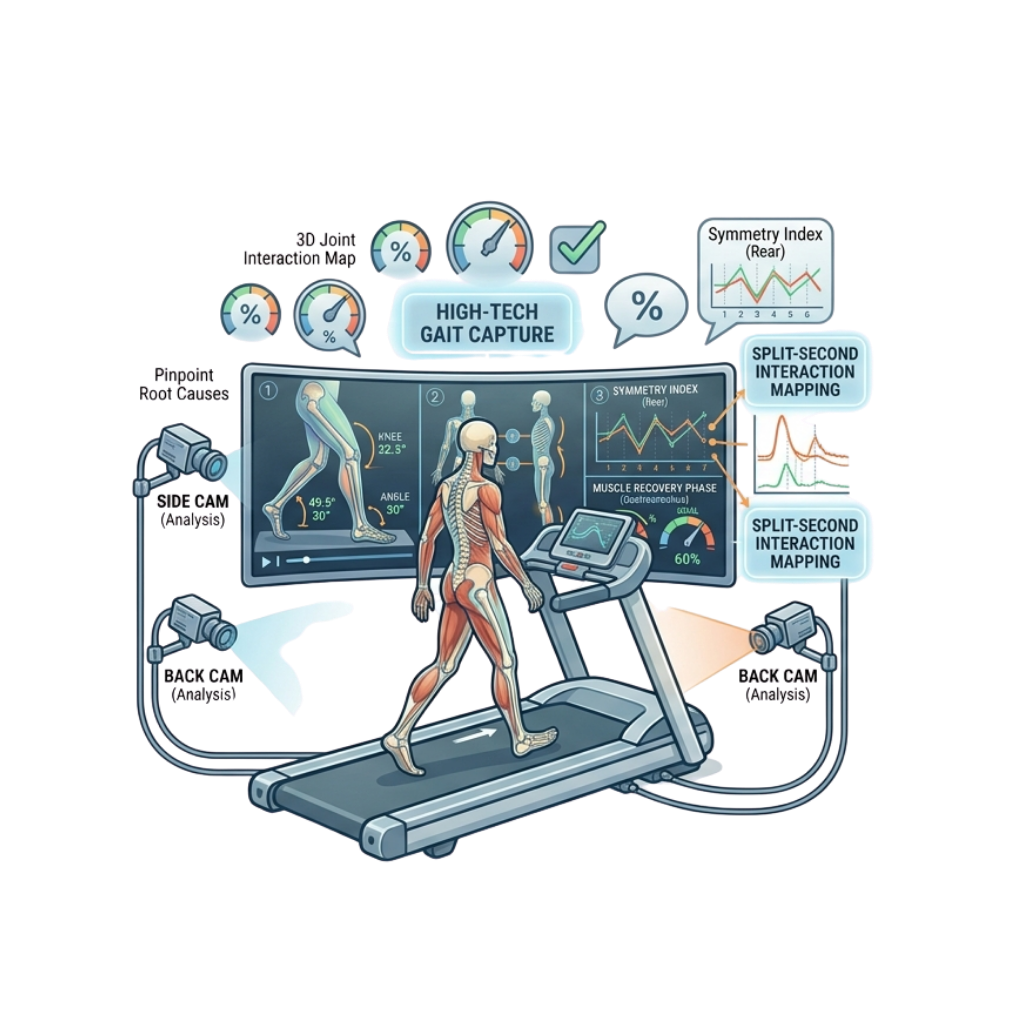Diagram of high-tech gait capture system used for analyzing human walking patterns, including cameras, monitors, and graphs showing symmetry indexes and interaction mappings.