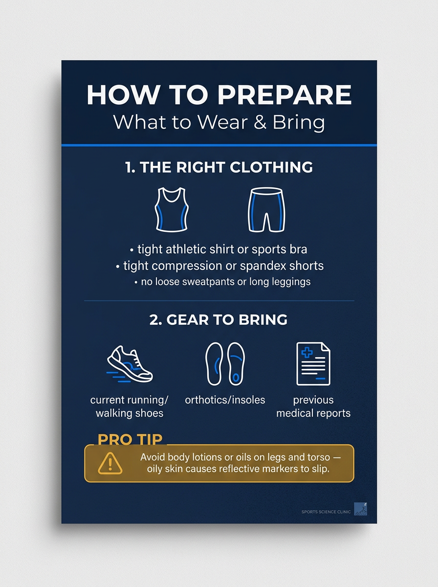 A guide on preparing for running, titled 'How to Prepare: What to Wear & Bring.' It includes sections on clothing, suggesting tight athletic shirts, sports bras, compression shorts, and no loose sweatpants or long leggings; gear to bring, such as running shoes, orthotics/insoles, and medical reports; and a pro tip to avoid body lotions or oils on legs and torso to prevent slipping.