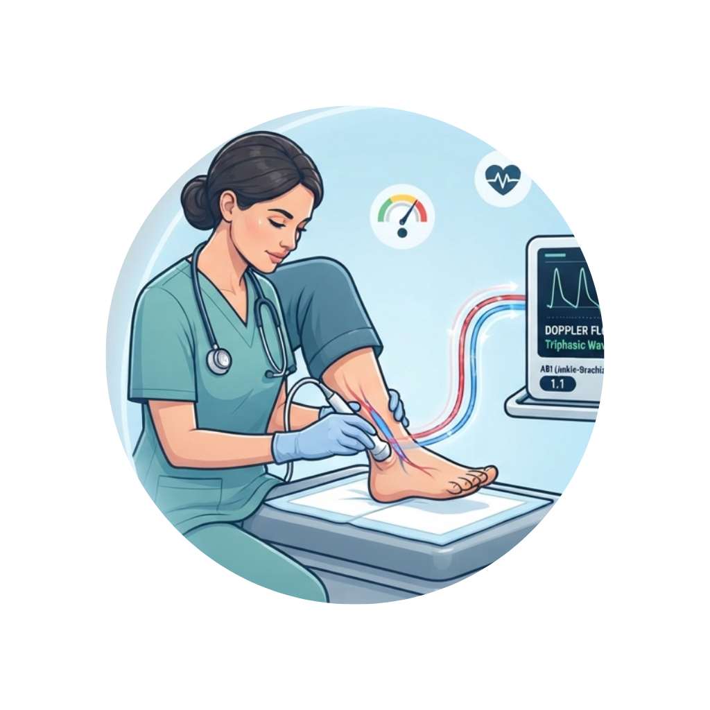 A healthcare professional performing an ultrasound examination on a patient's leg, with medical monitors displaying data and waveforms in the background.