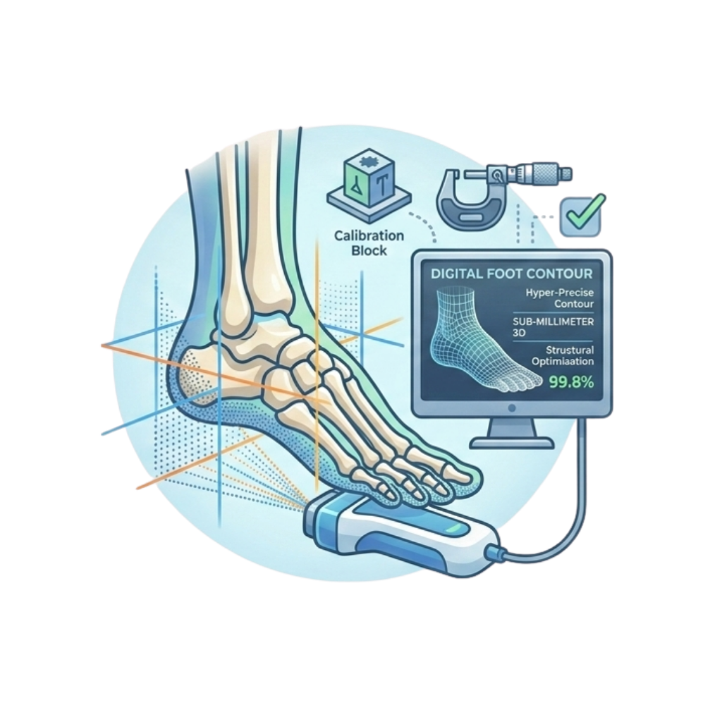 Digital foot contour mapping process showing skeletal foot, calibration block, microscope, and computer monitor with a 3D foot model, indicating high precision and structural optimization.