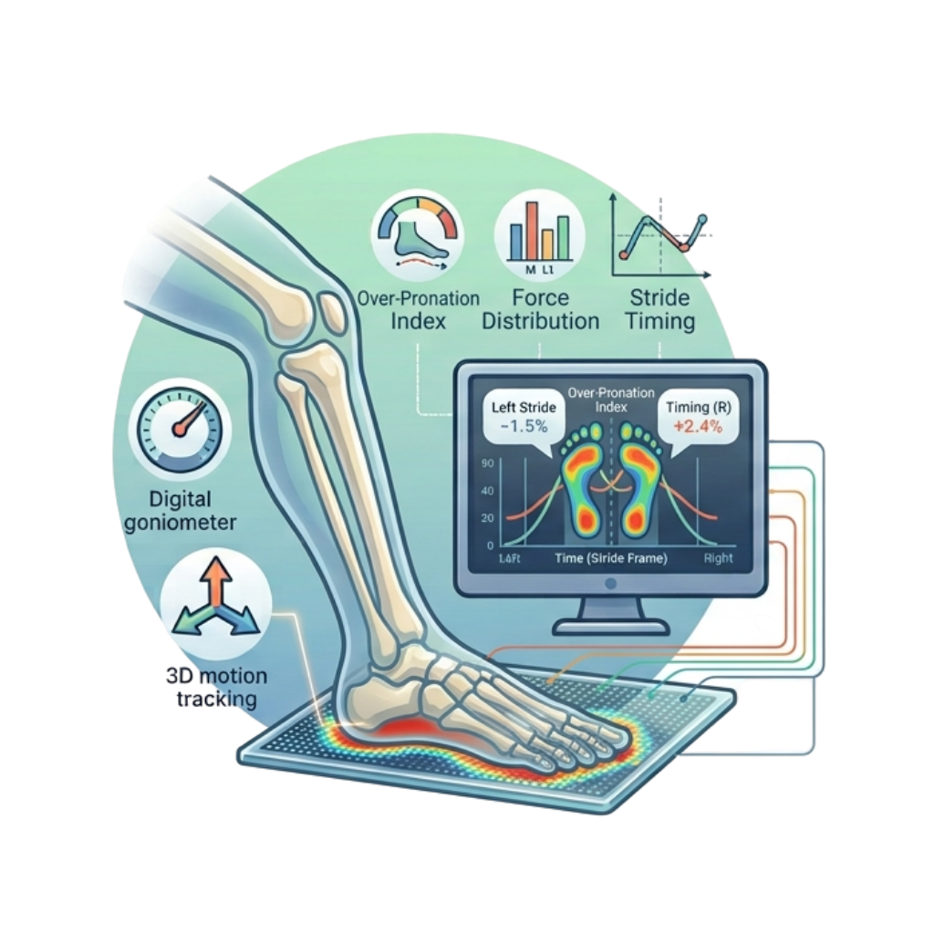An illustration of a foot with bones, connected to a computer monitor showing foot pressure heat maps, with various graphs and indicators for over-pronation index, force distribution, and stride timing, along with tools like a digital goniometer and 3D motion tracking.