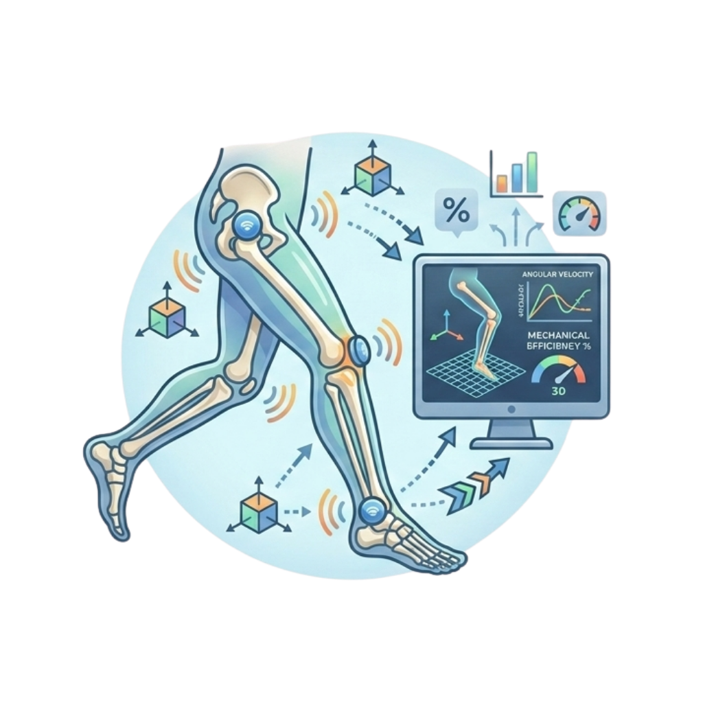 Illustration of a robotic leg with sensors and data analysis, showing biomechanics and mechanical efficiency metrics.