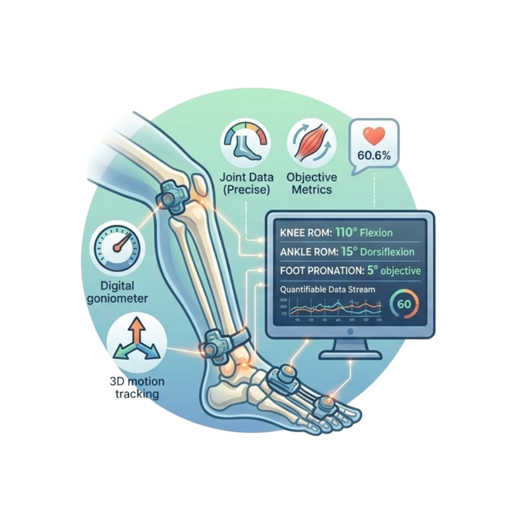 Diagram of a high-tech knee monitoring system showing a digital goniometer, 3D motion tracking, joint data, objective metrics, and a data stream. It includes knee flexion, ankle dorsiflexion, and foot pronation measurements, with a health percentage indicator.