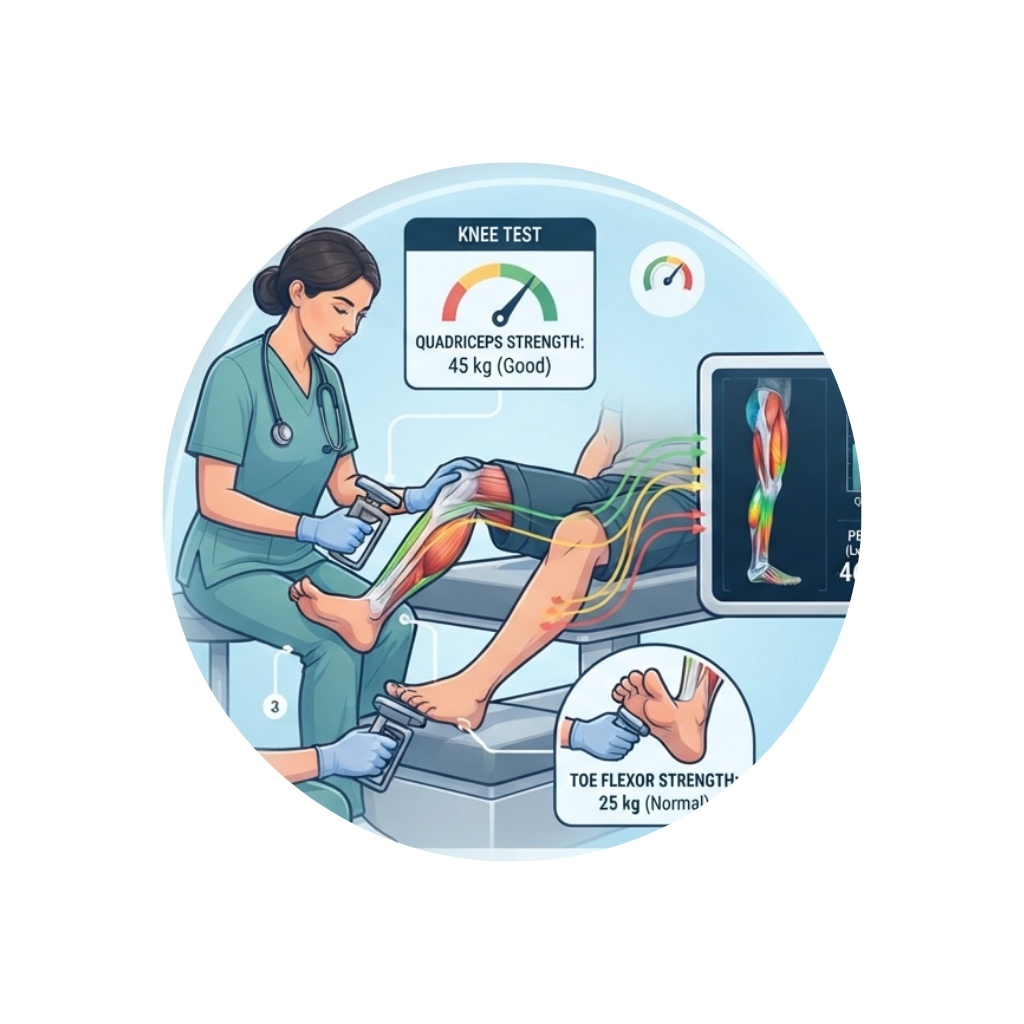 Medical illustration showing a healthcare professional conducting knee and toe strength tests on a patient, including a knee test with a strength indicator showing 45 kg (good) and a toe flexor test showing 25 kg (normal).