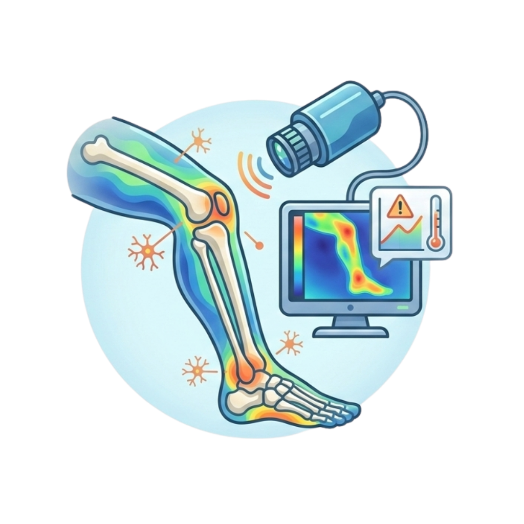 Illustration of knee joint analysis using thermal imaging and a cooling device, showing pain points, heat map, and monitoring alerts.