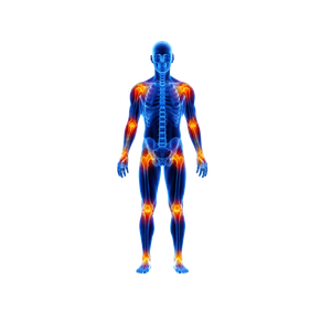 Thermal image of a human body showing heat distribution in blue, orange, and red.