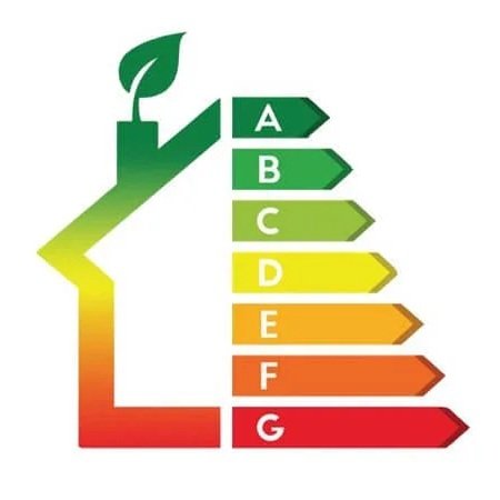 An energy efficiency rating chart resembling a house with a leaf on top, with colored bars labeled from A to G, where A is green and G is red.