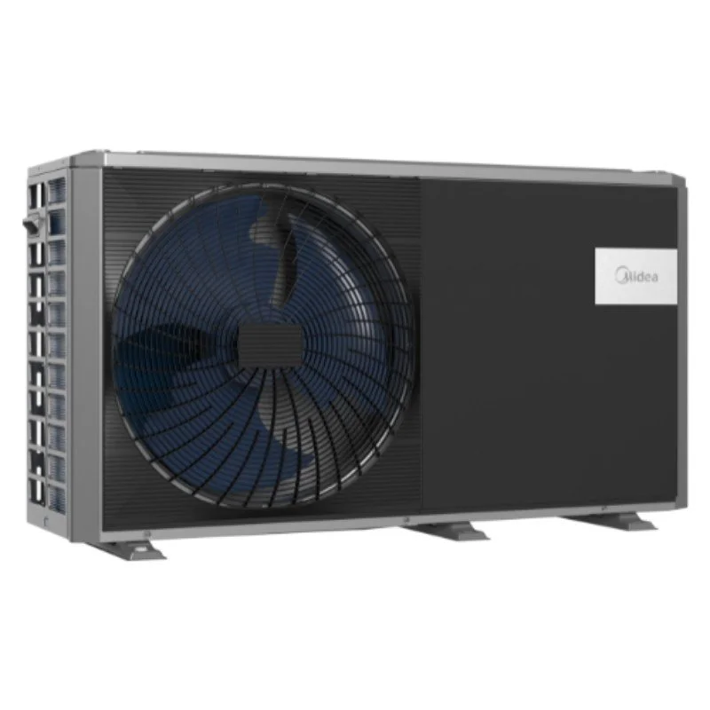 Black industrial air conditioning unit with a large fan on the front, mounted on a metal frame.