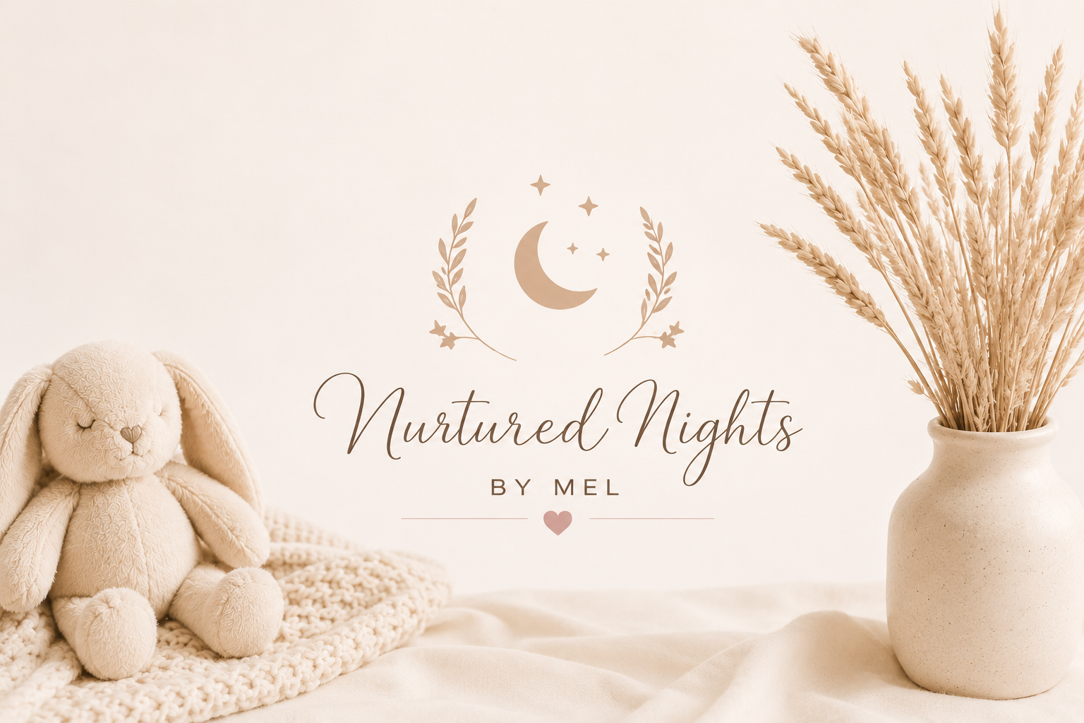 A soft beige plush stuffed bunny toy sitting on a textured blanket next to a cream-colored ceramic vase filled with dried wheat stalks. In the center, a logo with a crescent moon and stars, and the text "Nurtured Nights by Mel" with a small heart beneath.