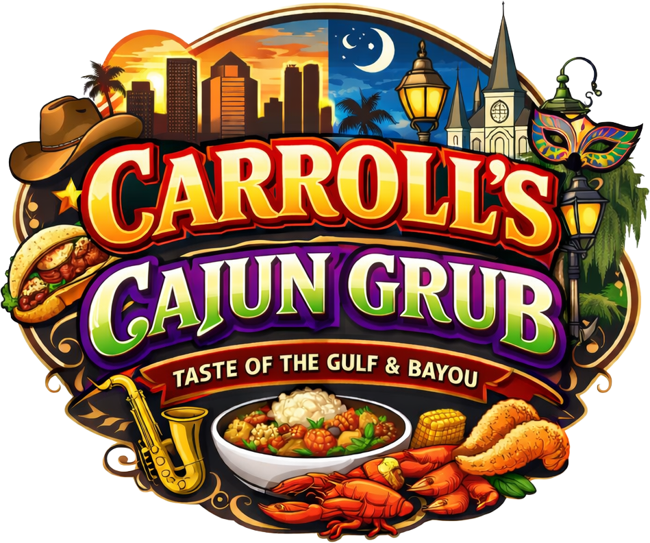 Colorful logo for Carrol's Cajun Grub featuring a city skyline at sunset, moonlit sky, masquerade mask, carved street lanterns, Cajun dishes like gumbbo and fried chicken, and Louisiana-themed decorations.