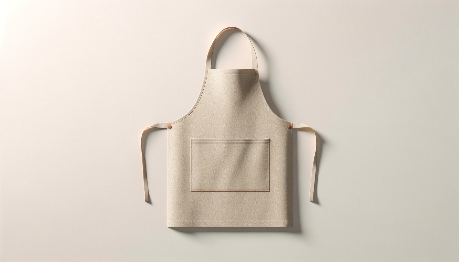 Beige apron hanging on a wall with a front pocket