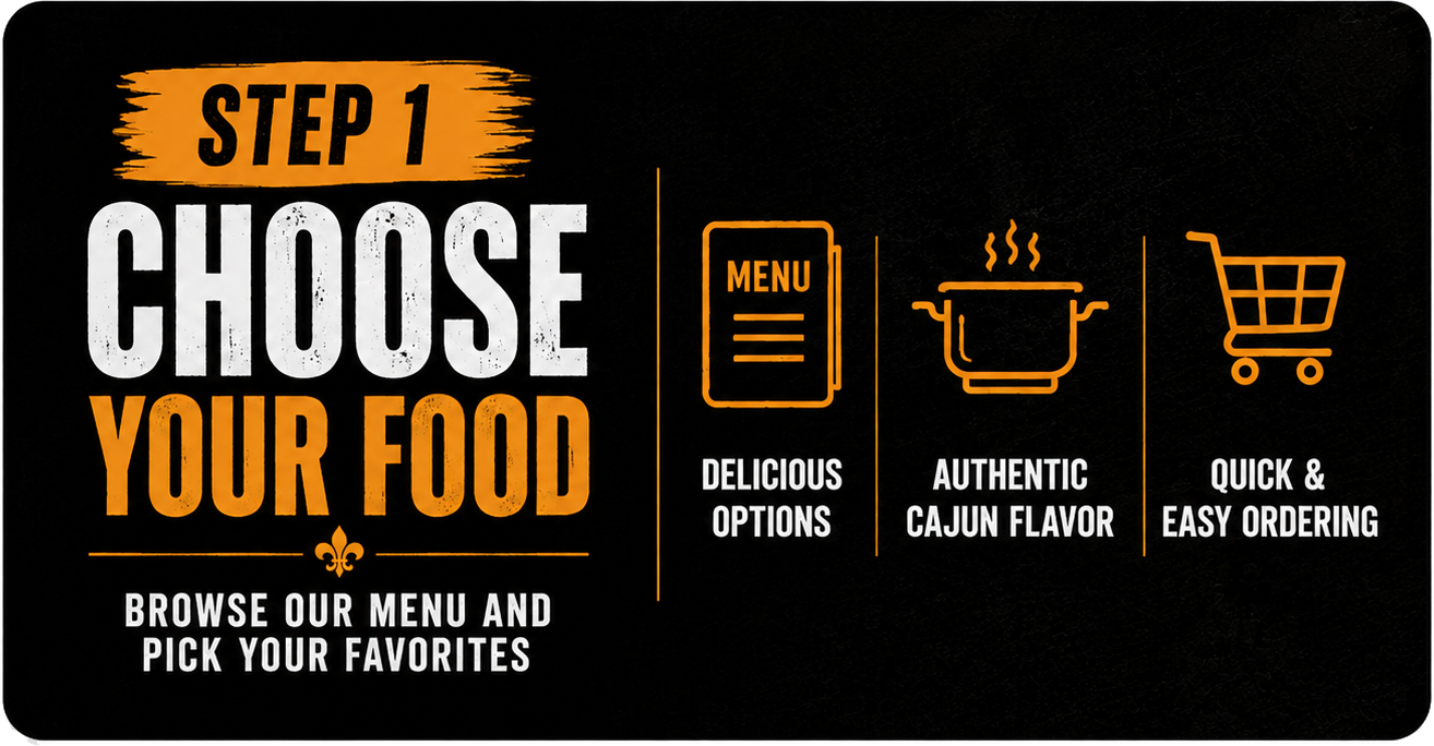 A digital menu screen with steps for ordering food. Step 1 instructs customers to choose their food by browsing the menu and picking favorites, highlighting options for delicious choices, authentic Cajun flavor, and quick and easy ordering.