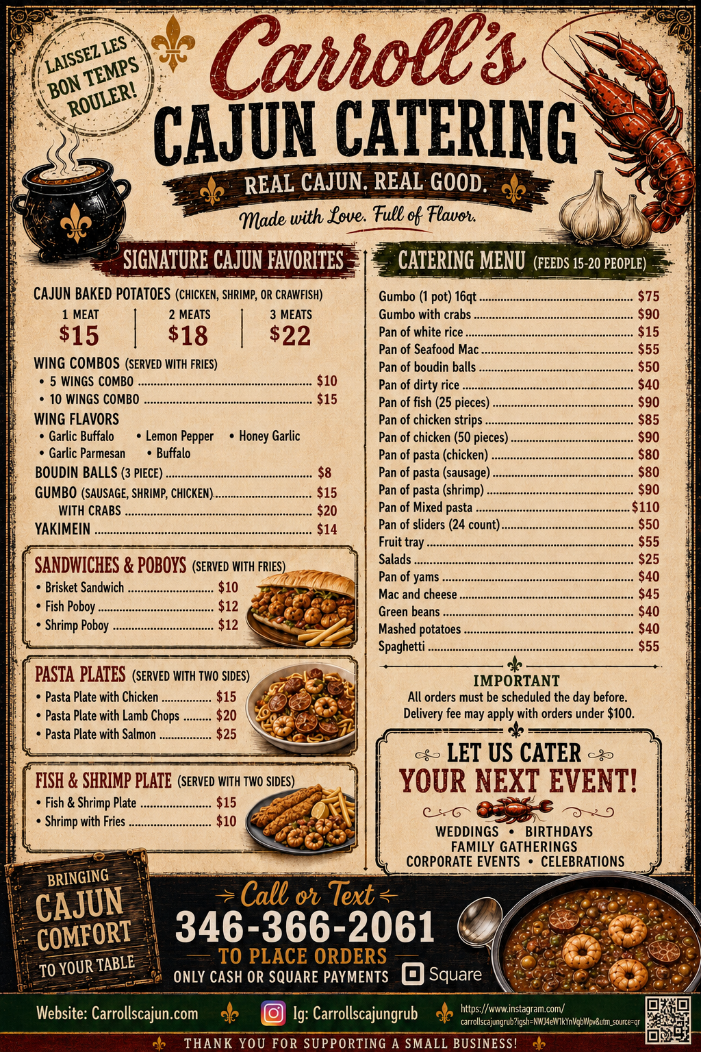 A Cajun catering menu featuring signature dishes like baked potatoes, wing combos, boeuf balls, gumbo, sandwiches, pasta, and seafood platters, with prices and serving options. Decorated with images of crawfish, garlic, and a cooking pot, and contact information at the bottom.