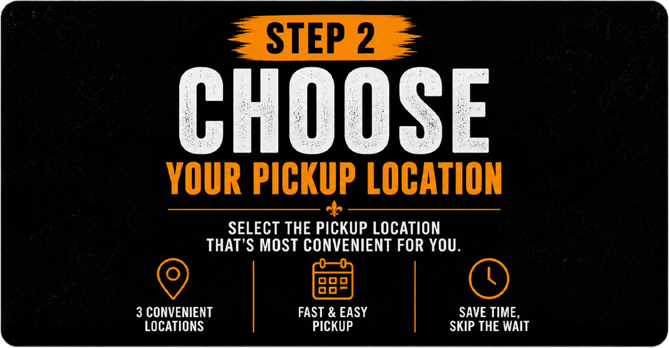 A digital graphic with instructions for choosing a pickup location. It features a black background with orange and white text, highlighting step 2 of the process. The graphic outlines selecting a convenient pickup location, with icons representing multiple locations, quick pickup, and time saving.