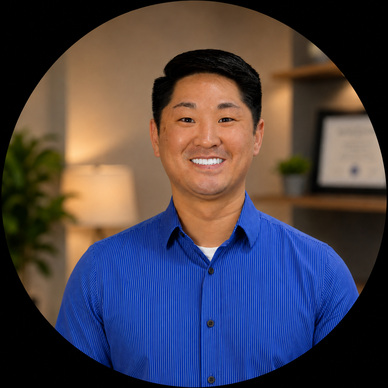 A smiling Asian man with short black hair wearing a blue button-up shirt in an office setting.