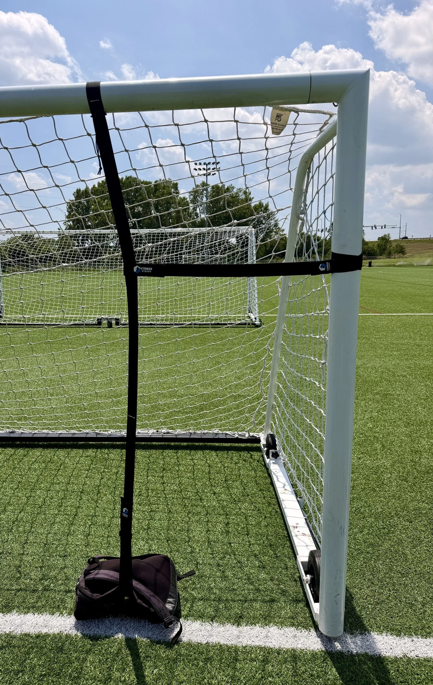 Create scoring zones on an size soccer goal. Vertical strap around crossbar and horizontal strap wrapped around the posts.