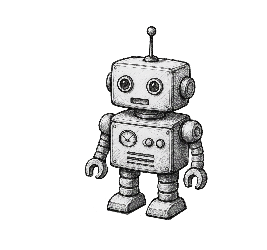 A black and white sketch of a cartoon robot with a square head, round eyes, antenna on top, and a rectangular body with gauges and buttons. It has jointed arms and legs and a simple mouth expression.