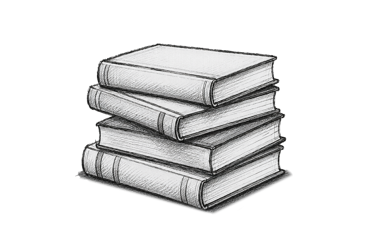 A hand-drawn sketch of a stack of five books, with visible spines and covers.