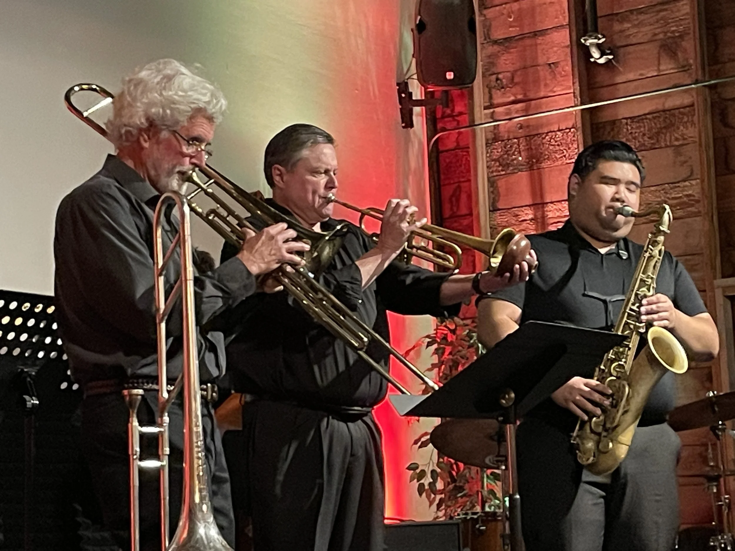 CGOA Jazz Collective Big Band - three musicians playing horns at The Ruins concert