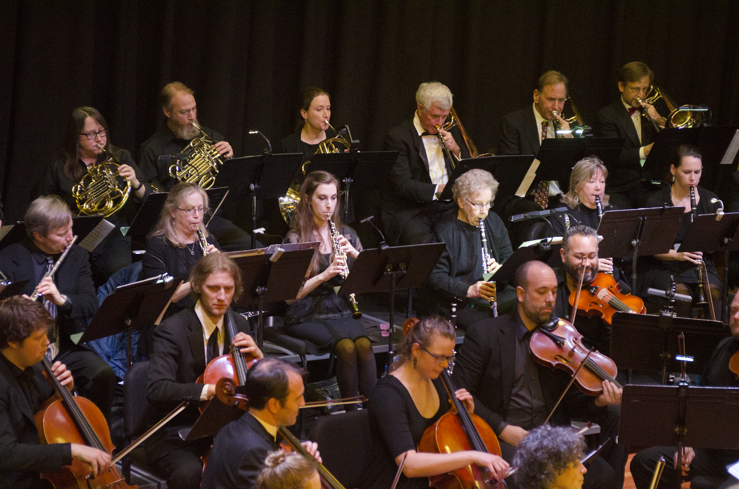 Gorge Sinfonietta musicians playing horns and string instruments at a Gorge Sinfonietta concert.