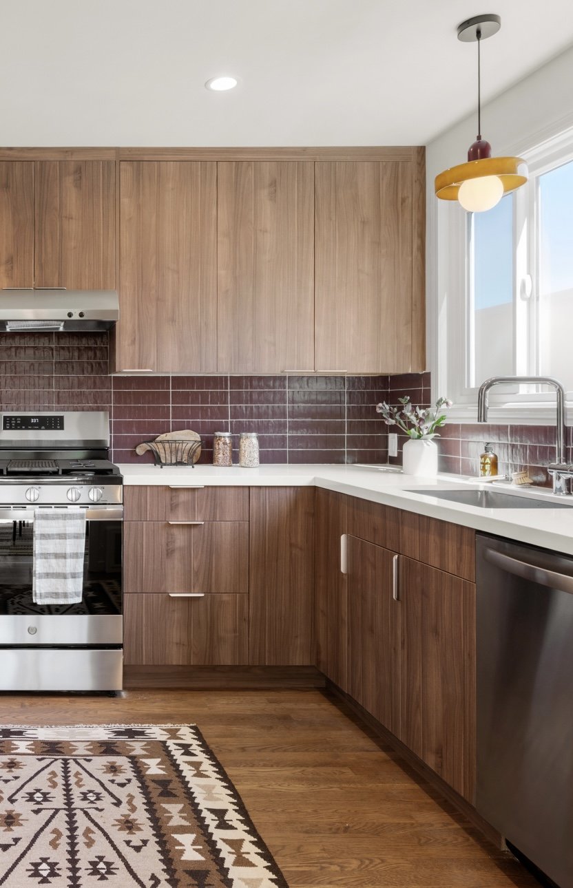 Modern kitchen with wooden cabinets, stainless steel stove, black tile backsplash, white countertop, and a window with sunlight. Decor includes a vase with flowers and jars.