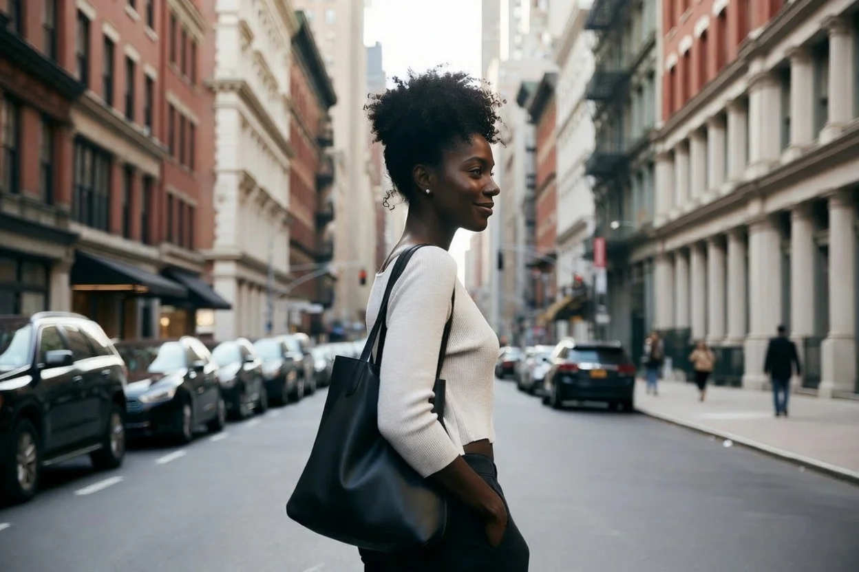 A woman with dark skin and curly hair standing on a city street, carrying a black tote bag and smiling.