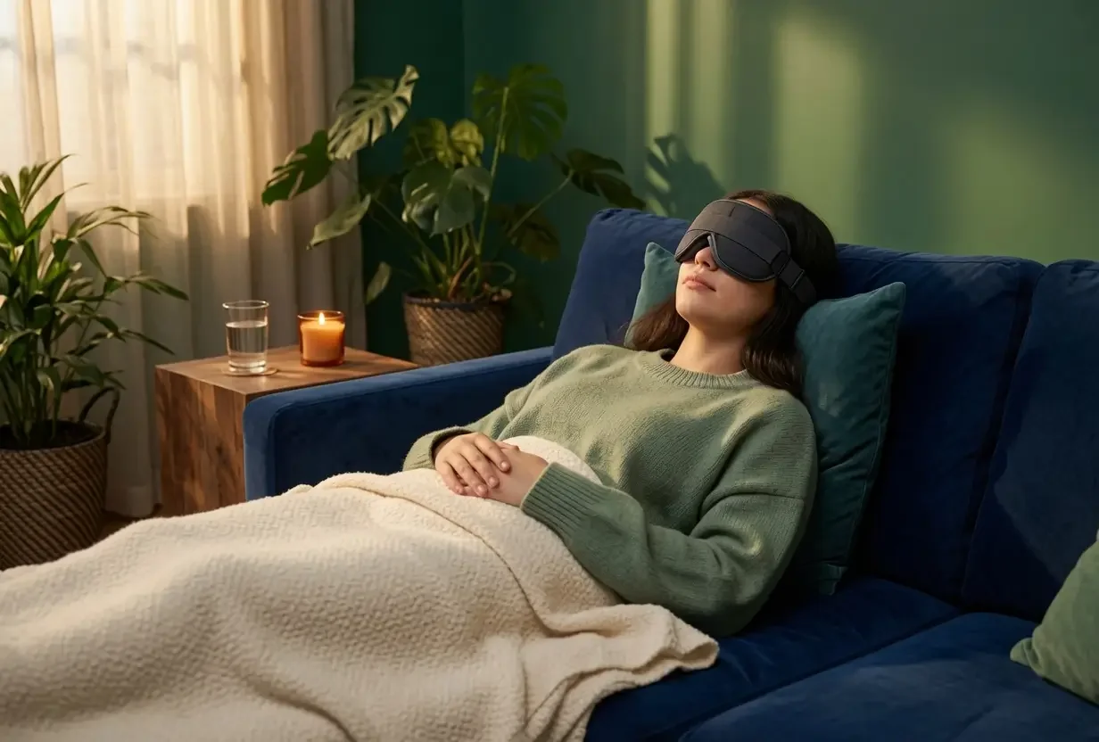 woman lying down with blanket and eye patch