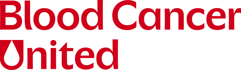 Logo for Blood Cancer United in red and black text with a blood drop icon.